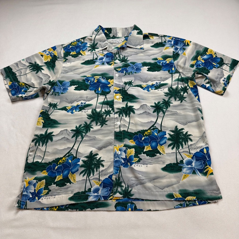 Redsand Mens XL Tropical Hibiscus Palm‎ Tree Hawaiian Button Up Shirt Blue Gray